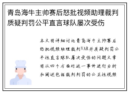 青岛海牛主帅赛后怒批视频助理裁判质疑判罚公平直言球队屡次受伤