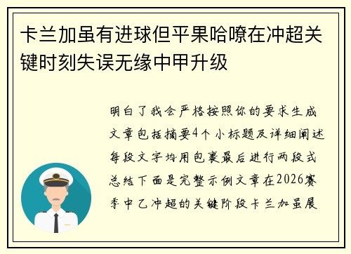 卡兰加虽有进球但平果哈嘹在冲超关键时刻失误无缘中甲升级